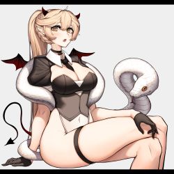 Rule 34 | 1girl, absurdres, between breasts, blonde hair, breasts, choker, cleavage, commentary request, demon tail, demon wings, fang, girls&#039; frontline, gloves, hachirodesu, highres, horns, large breasts, crossed legs, leotard, long hair, looking at viewer, navel, necktie, open mouth, ots-14 (girls&#039; frontline), pointy ears, ponytail, sitting, snake, solo, tail, thigh strap, thighs, white snake, wings