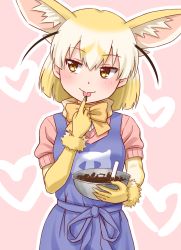 Rule 34 | 10s, 1girl, :p, animal ears, apron, bad id, bad pixiv id, blonde hair, bow, bowl, bowtie, chocolate, commentary request, elbow gloves, extra ears, fennec (kemono friends), fox ears, gloves, heart, heart background, highres, japari symbol print, kemono friends, looking away, multicolored hair, outline, pink background, puffy short sleeves, puffy sleeves, sash, short sleeves, simple background, solo, takatsuki nao, tongue, tongue out, two-tone hair, valentine, white hair, white outline, yellow bow, yellow bowtie, yellow eyes