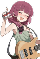 Rule 34 | 1girl, :d, ^ ^, absurdres, alcohol carton, bare shoulders, black nails, blunt bangs, bocchi the rock!, braid, braided ponytail, closed eyes, commentary request, dress, drunk, electric guitar, fingernails, gazacy (dai), green dress, guitar, hair over shoulder, happy, highres, hiroi kikuri, holding, holding carton, holding instrument, instrument, long hair, nail polish, off-shoulder dress, off shoulder, open mouth, red hair, sharp teeth, simple background, sleeveless, sleeveless dress, smile, solo, teeth, upper teeth only, white background