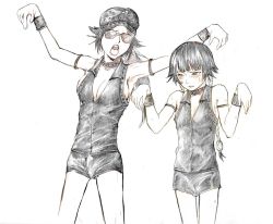 Rule 34 | 2girls, 3tohei, armpits, black hair, bleach, blush, bracelet, breasts, cabbie hat, cleavage, collar, cosplay, crossdressing, dark skin, dark-skinned female, embarrassed, flat chest, hard gay, hard gay (cosplay), hat, jewelry, monochrome, multiple girls, parody, ponytail, shihouin yoruichi, short hair with long locks, sideboob, sketch, spot color, sui-feng, sunglasses, twintails