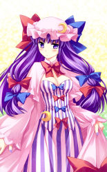 Rule 34 | 1girl, blush, bow, breasts, cleavage, crescent, crescent moon, female focus, frown, hair ribbon, hat, large breasts, long hair, moon, nail polish, patchouli knowledge, purple eyes, purple hair, purple nails, ribbon, sato-pon, solo, touhou