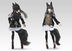 Rule 34 | 1girl, animal ears, black eyes, black hair, black jacket, black thighhighs, boots, breasts, brown shirt, closed mouth, fox ears, fox girl, fox tail, gradient background, grey background, inabi, jacket, legs apart, long hair, long sleeves, looking at viewer, multiple views, open clothes, open jacket, original, shirt, skirt, standing, tail, thighhighs, twintails, white skirt