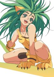 Rule 34 | 1girl, all fours, animal ears, bare shoulders, breasts, cat ears, cham cham, cleavage, green eyes, green hair, long hair, looking at viewer, matching hair/eyes, open mouth, samurai spirits, smile, snk, solo, tail, teeth, yone (qtron)