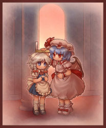 Rule 34 | 2girls, aged down, apron, ascot, bat wings, blue dress, blue eyes, blue hair, braid, dress, female focus, frilled apron, frills, hat, height, height difference, izayoi sakuya, mary janes, measuring, multiple girls, pink background, pink dress, pink theme, red eyes, remilia scarlet, ruler, sankuma, shoes, short hair, smile, socks, touhou, twin braids, white hair, wings, wrist cuffs
