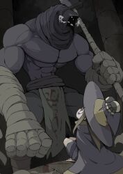 Rule 34 | 1boy, 1girl, absurdres, arm wrap, bags under eyes, brown hair, bug, cloak, commentary, english commentary, giant, hat, heavy breathing, highres, hongga, looking at another, muscular, muscular male, on floor, original, over shoulder, pelvic curtain, polearm, spider, weapon, weapon over shoulder, wide-eyed, witch, witch hat