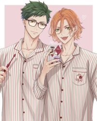 Rule 34 | 2boys, alternate costume, cater diamond, cellphone, closed mouth, commentary request, glasses, green eyes, green hair, heart, holding, holding phone, holding toothbrush, long sleeves, looking at viewer, male focus, messy hair, multiple boys, okurabaakaa, open mouth, orange hair, pajamas, pectoral cleavage, pectorals, phone, pink background, signature, simple background, smile, striped clothes, striped pajamas, toothbrush, trey clover, twisted wonderland, twitter username, upper body, white background, yellow eyes