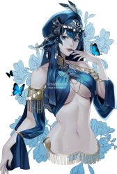 Rule 34 | 1girl, absurdres, au ra, warrior of light (ff14), blue butterfly, blue eyes, blue hair, blue headwear, blue nails, bug, butterfly, butterfly on hand, butterfly ornament, commission, cropped torso, dolphin 5098, emain (honkittyhonk), feathers, final fantasy, final fantasy xiv, highres, insect, jewelry, looking at viewer, nail polish, navel, parted lips, smile, solo, stomach, upper body