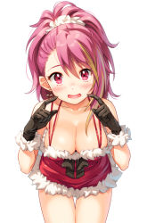 Rule 34 | 1girl, blush, breasts, cleavage, cowboy shot, downblouse, earrings, gloves, heart, heart earrings, highres, idolmaster, idolmaster million live!, jewelry, joey koguma, large breasts, leaning forward, looking at viewer, maihama ayumu, open mouth, ponytail, simple background, smile, solo, standing, white background