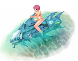 Rule 34 | 1girl, bikini, breasts, cleavage, darius (series), fish, highres, iron fossil, king fossil, navel, open mouth, orange bikini, partially submerged, pink hair, purple eyes, riding, robot, robot animal, robot fish, short hair, smile, solo, square enix, swimsuit, vuccha, water