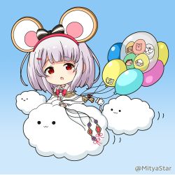 Rule 34 | 1girl, :o, animal ears, balloon, blush, bow, brooch, chibi, cloud, commentary request, granblue fantasy, grey hair, hair bow, hair ornament, hairclip, heart, heart brooch, holding, holding balloon, jewelry, long sleeves, looking at viewer, mitya, mouse ears, parted lips, red bow, red eyes, shirt, solid circle eyes, solo, striped, striped bow, twitter username, vikala (granblue fantasy), white shirt, wide sleeves