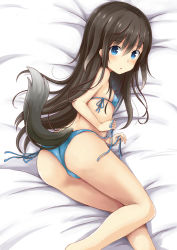 Rule 34 | 1girl, ass, bikini, blue bikini, blue eyes, breasts, brown hair, dressing, elizabeth f. beurling, flat chest, long hair, looking back, lying, on side, rosettastone, side-tie bikini bottom, small breasts, solo, strike witches, strike witches: suomus misfits squadron, swimsuit, tail, tying, world witches series