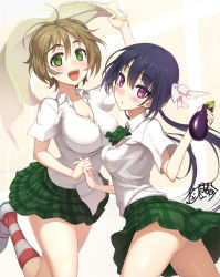 Rule 34 | 10s, 2girls, :&lt;, :d, bad id, bad pixiv id, blush, breasts, brown hair, buttons, cleavage, dress shirt, eggplant, green eyes, hair ribbon, highres, holding, holding hands, kinoshita ringo (no-rin), kneehighs, leg up, long hair, medium breasts, multiple girls, nakazawa minori, no-rin, ookuma nekosuke, open mouth, plaid, plaid skirt, purple eyes, purple hair, ribbon, school uniform, shirt, shoes, short hair, signature, simple background, skirt, small breasts, smile, socks, straining buttons, striped clothes, striped legwear, striped socks, towel, triangle mouth, twintails, white background