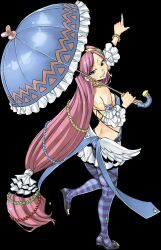 Rule 34 | 1girl, blue eyes, full body, gate of nightmares, highres, holding, holding umbrella, jewelry, lambelka, long hair, mashima hiro, official art, parasol, pink hair, pointing, purple thighhighs, smile, solo, standing, standing on one leg, striped clothes, striped thighhighs, thighhighs, transparent background, umbrella, very long hair
