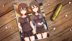 Rule 34 | 2girls, black shirt, blush, breasts, brown eyes, brown hair, cherry blossoms, closed mouth, collarbone, girls und panzer, hand on own hip, highres, holding hands, jacket, keizoku school uniform, large breasts, long hair, looking at viewer, megadeko, mika (girls und panzer), miniskirt, multiple girls, nishizumi maho, photo (object), pleated skirt, school uniform, shirt, short hair, skirt, smile, track jacket, yuri