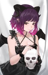 Rule 34 | 1girl, ahoge, bare shoulders, black choker, black dress, black hairband, black nails, breasts, choker, cleavage, closed mouth, collarbone, criss-cross halter, demon horns, demon wings, dress, goth fashion, gradient hair, hairband, halterneck, highres, holding, holding skull, horns, looking at viewer, medium breasts, multicolored hair, nail polish, original, pointy ears, purple hair, red eyes, shenqi de (9), skull, sleeveless, sleeveless dress, smile, solo, upper body, white background, wings, wrist cuffs