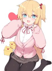 Rule 34 | 1girl, akai haato, alternate costume, aqua eyes, blonde hair, blush, collared shirt, commentary request, haaton (akai haato), hair ornament, hairclip, haruyuki (yukichasoba), heart, heart hair ornament, highres, hololive, looking at viewer, nail polish, open mouth, pantyhose, red ribbon, ribbon, school uniform, shirt, side ponytail, simple background, sitting, skirt, smile, solo, virtual youtuber, white background
