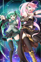 Rule 34 | 2girls, :d, bad id, bad pixiv id, bare shoulders, black thighhighs, blue eyes, boots, detached sleeves, fuyuno taka, green eyes, green hair, hand on another&#039;s chest, hand on own chest, hands on own chest, hatsune miku, highres, long hair, megurine luka, multiple girls, one eye closed, open mouth, outstretched arm, pink hair, smile, thighhighs, very long hair, vocaloid, wink, zettai ryouiki