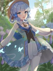 Rule 34 | 1girl, :d, artist name, ayaka (genshin impact), blue butterfly, blue dress, blue eyes, blunt bangs, blunt tresses, blush, braid, braided hair rings, breasts, bridal garter, bug, butterfly, butterfly hair ornament, buttons, cowboy shot, dress, flower, frilled dress, frilled garter, frills, genshin impact, gradient eyes, hair flower, hair ornament, hair rings, highres, insect, kamisato ayaka, kamisato ayaka (springbloom missive), long sleeves, mole, mole under eye, multicolored clothes, multicolored dress, multicolored eyes, neck tassel, official alternate costume, official alternate hairstyle, open mouth, pantyhose, small breasts, smile, solo, teeth, thighs, tree, upper teeth only, vickie (cryingrobot), white flower, white garter, white pantyhose