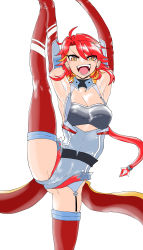 Rule 34 | 36rt, absurdres, anchor symbol, armpits, arms up, azur lane, breasts, cleavage, earrings, elbow gloves, fang, flame print, garter straps, gloves, grin, hair between eyes, hair ornament, highres, jewelry, leg up, orange eyes, phoenix (azur lane), red hair, smile, split, standing, standing on one leg, standing split, thighhighs, thighs