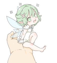 Rule 34 | 1boy, 1girl, :d, blush, dress, fairy, fairy wings, gloves, green eyes, green hair, haibokusha, holding, looking at viewer, mini person, minigirl, open mouth, original, pointy ears, simple background, sitting, sitting on hand, smile, white background, white dress, wings