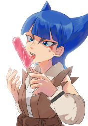 Rule 34 | 1girl, arm warmers, bandaged chest, blue eyes, blue hair, blunt bangs, brown vest, coin (pokemon), commentary request, creatures (company), fingernails, food, game freak, hands up, highres, holding, kono2noko, licking, looking down, medium hair, nintendo, open mouth, pokemon, pokemon legends: arceus, popsicle, simple background, solo, sweat, teeth, tongue, tongue out, upper body, upper teeth only, vest, white background