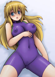 Rule 34 | 10s, 1girl, :o, bare shoulders, blonde hair, blue eyes, blush, bodysuit, breasts, cameltoe, collar, covered erect nipples, covered navel, cowboy shot, from above, furinji miu, fuurinji miu, hand on own stomach, impossible clothes, large breasts, long hair, mole, mole under eye, navel, nipples, open mouth, shijou saikyou no deshi ken&#039;ichi, skin tight, solo, spread legs, surprised, tsumitani daisuke, unitard, wide-eyed
