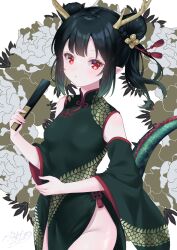 Rule 34 | 1girl, :o, antlers, black dress, black hair, black sleeves, braid, braided bun, china dress, chinese clothes, commentary request, detached sleeves, double bun, dragon girl, dress, groin, hair bun, highres, horns, long sleeves, nengajou, new year, original, parted lips, pelvic curtain, pointy ears, red eyes, sidelocks, simple background, sleeveless, sleeveless dress, solo, tsukimochikuriko (tsukimochi k), twintails, white background, wide sleeves