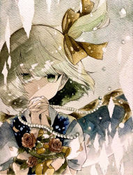 Rule 34 | 1girl, beads, bob cut, bow, daiyousei, flower, green eyes, green hair, hair bow, hands up, interlocked fingers, jewelry, looking at viewer, muted color, necklace, own hands together, painting (medium), plant, rose, serious, short hair, side ponytail, solo, texture, touhou, traditional media, upper body, vines, watercolor (medium), wind, wings, yuzugoori