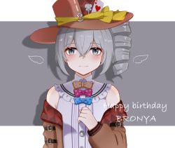 Rule 34 | 1girl, bare shoulders, blue bow, blue bowtie, border, bow, bowtie, bronya zaychik, bronya zaychik (wolf&#039;s dawn), brown headwear, brown jacket, card, character name, drill hair, grey background, hair between eyes, happy birthday, highres, honkai (series), honkai impact 3rd, jacket, long sleeves, looking at viewer, pink bow, pink bowtie, playing card, shirt, simple background, sleeveless, sleeveless shirt, smile, solo, white border, white shirt, yellow bow, yellow bowtie, yikuaiguapi46577