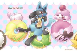 Rule 34 | :q, arm support, character name, closed mouth, commentary request, creatures (company), doughnut, eating, food, game freak, gen 4 pokemon, gen 6 pokemon, holding, lucario, nintendo, pokemon, pokemon (creature), red eyes, sasabunecafe, sitting, slurpuff, smile, swirlix, themed object, tongue, tongue out, twitter username