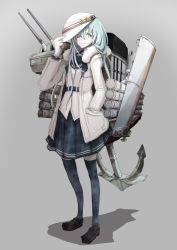 Rule 34 | 10s, 1girl, ;), anchor, black thighhighs, blue eyes, blue hair, boushi-ya, coat, full body, gloves, grey background, hand in pocket, hat, hibiki (kancolle), highres, kantai collection, loafers, long hair, looking at viewer, matching hair/eyes, one eye closed, pleated skirt, school uniform, serafuku, shadow, shoes, simple background, skirt, smile, solo, thighhighs, turret, verniy (kancolle), white gloves
