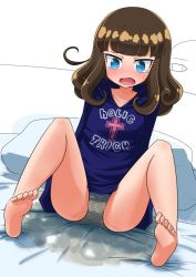 Rule 34 | 1girl, barefoot, bedwetting, blue eyes, blue panties, blue shirt, blush, brown hair, cameltoe, clothes writing, collarbone, dutch angle, embarrassed, english text, fang, feet, female focus, flat chest, full body, jpeg artifacts, knees up, kurosu aroma, long sleeves, looking down, medium hair, mikomo, nose blush, on bed, open mouth, oversized clothes, oversized shirt, panties, peeing, peeing self, pillow, pretty series, pripara, puddle, shirt, sitting, solo focus, spread legs, striped clothes, striped panties, sweat, tears, underwear, wet, wet clothes, wet panties
