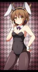 Rule 34 | 1girl, animal ears, bare shoulders, blush, bow, bowtie, breasts, brown hair, rabbit ears, cleavage, creta (taku10), detached collar, earmuffs, hand on own hip, highres, looking at viewer, pantyhose, playboy bunny, short hair, smile, solo, touhou, toyosatomimi no miko, wrist cuffs