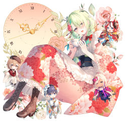 Rule 34 | 5girls, :d, antlers, apron, blush, boots, braid, brown footwear, ceres fauna, ceres fauna (new year), clock, cup, floral print, flower, frilled apron, frills, green hair, green nails, hair flower, hair ornament, hair over one eye, hakos baelz, hakos baelz (new year), holding, holding cup, holocouncil, hololive, hololive english, horns, japanese clothes, kimono, long hair, looking at viewer, low twin braids, low twintails, maid, maid apron, mini person, minigirl, mole, mole under eye, multicolored hair, multiple girls, nail polish, nanashi mumei, nanashi mumei (new year), obi, official alternate costume, official alternate hairstyle, one eye covered, open mouth, ouro kronii, ouro kronii (new year), pink kimono, print kimono, roman numeral, sash, smile, streaked hair, tassel, tassel hair ornament, teacup, toosaka asagi, tsukumo sana, tsukumo sana (new year), twin braids, twintails, two-tone hair, virtual youtuber, wa maid, white apron, yellow eyes