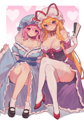 2girls absurdres black_footwear blonde_hair blue_hat blue_kimono blush breasts cleavage crossed_legs dress folded_fan folding_fan gloves hand_fan hat heart heart_background high_heels highres holding holding_fan invisible_chair japanese_clothes kimono large_breasts looking_at_viewer mary_janes mob_cap multiple_girls neck_ribbon off-shoulder_dress off_shoulder pink_hair purple_dress qiu_ju red_footwear ribbon saigyouji_yuyuko shoes sitting smile socks thighhighs touhou triangular_headpiece white_gloves white_hat white_socks white_thighhighs yakumo_yukari