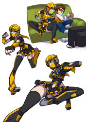 Rule 34 | 1boy, 1girl, :q, black panties, black skirt, black thighhighs, blue eyes, breasts, bumblebee, choker, clenched hands, collage, controller, couch, flying kick, full body, game console, game controller, gamepad, genderswap, genderswap (mtf), highres, kicking, mask, mouth mask, panties, pantyshot, personification, playing games, pleated skirt, punching, rafael esquivel, red-framed eyewear, ringed eyes, ryuusei (mark ii), skirt, small breasts, thighhighs, tongue, tongue out, transformers, transformers prime, underwear, white background, zettai ryouiki