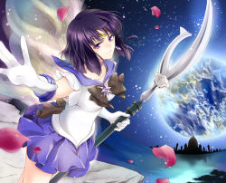Rule 34 | 1girl, bishoujo senshi sailor moon, black hair, bow, brooch, brown bow, castle, choker, elbow gloves, expressionless, gloves, holding, holding polearm, holding spear, holding weapon, jewelry, looking at viewer, magical girl, masaki mitsuki, outstretched hand, petals, planet, polearm, purple eyes, purple skirt, sailor collar, sailor saturn, short hair, silence glaive, skirt, solo, spear, star brooch, tiara, tomoe hotaru, weapon, white gloves