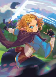 Rule 34 | 1girl, ass, attack, black gloves, blue eyes, breasts, cape, elf, frown, gloves, glowing, hair ornament, hairclip, highres, holding, hood, leggings, looking at viewer, magic, master sword, nintendo, pointy ears, princess zelda, serious, solo, swing, sword, the legend of zelda, the legend of zelda: breath of the wild, weapon