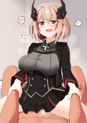 Rule 34 | 1boy, 1girl, :d, akaoni (zumt3548), azur lane, black corset, black jacket, black skirt, blonde hair, blush, breasts, brown eyes, clothed sex, commentary request, corset, cowgirl position, cross, cum, cum in pussy, cum overflow, femdom, girl on top, hair ornament, heart, hetero, highres, holding another&#039;s wrist, jacket, large breasts, multicolored hair, open mouth, pov, pov crotch, red eyes, roon (azur lane), sex, short hair, skirt, smile, solo focus, spoken heart, straddling, streaked hair
