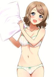 Rule 34 | 1girl, absurdres, blue eyes, blush, bow, bow panties, breasts, brown hair, cleavage, collarbone, cowboy shot, floral print, groin, hair ornament, hairclip, highres, looking at viewer, love live!, love live! sunshine!!, medium breasts, navel, open mouth, panties, pillow, pillow fight, sankuro (agoitei), scan, short hair, simple background, smile, solo, standing, stomach, swept bangs, teeth, thighs, underwear, underwear only, watanabe you, white background