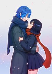 Rule 34 | 10s, 1boy, 1girl, age difference, bad id, bad pixiv id, bishounen, black hair, blue eyes, blue hair, coat, eye contact, height difference, hug, kill la kill, looking at another, matoi ryuuko, mikisugi aikurou, mingou91, multicolored hair, red hair, scarf, short hair, skirt, streaked hair, two-tone hair, winter