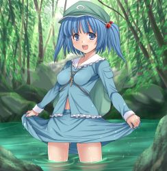 Rule 34 | 1girl, amane hasuhito, backpack, bad id, bad pixiv id, bag, between breasts, blue eyes, blue hair, blush, breasts, clothes lift, dress, dress lift, female focus, hair bobbles, hair ornament, hat, impossible clothes, impossible shirt, kawashiro nitori, key, matching hair/eyes, medium breasts, open mouth, shirt, short hair, skirt, skirt lift, solo, touhou, twintails, two side up, wading, water, waterfall