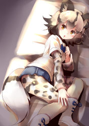 Rule 34 | 10s, 1girl, :o, absurdres, african wild dog (kemono friends), african wild dog print, animal ears, bed sheet, black hair, blue bow, blue bowtie, blue ribbon, blue shorts, blush, bow, bowtie, breasts, collared shirt, dog ears, dog tail, eyebrows, eyelashes, facing away, flipped hair, hair between eyes, hand on own chest, highres, kanzakietc, kemono friends, layered sleeves, pantyhose under shorts, light, light brown hair, long sleeves, looking away, looking to the side, lying, multicolored clothes, multicolored hair, multicolored legwear, on side, open mouth, orange eyes, pantyhose, pantyhose under shorts, ribbon, shirt, short hair, short over long sleeves, short sleeves, shorts, small breasts, solo, tail, teeth, torn clothes, torn shorts, two-tone hair, white footwear, white shirt