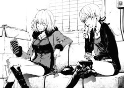 Rule 34 | 2girls, ahoge, artoria pendragon (all), artoria pendragon (fate), belt, blouse, boots, box, breasts, burger, couch, crossed legs, drinking straw, eating, fate/grand order, fate (series), food, greyscale, holding, indoors, jacket, jeanne d&#039;arc (fate), jeanne d&#039;arc alter (fate), jeanne d&#039;arc alter (ver. shinjuku 1999) (fate), jewelry, long hair, looking at viewer, monochrome, multiple girls, necklace, official alternate costume, one eye closed, ponytail, saber alter, saber alter (ver. shinjuku 1999) (fate), shirt, short hair, silver hair, sitting, sweater, usui ryuu, wicked dragon witch ver. shinjuku 1999