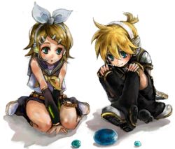 Rule 34 | 1boy, 1girl, blonde hair, bow, brother and sister, hair bow, headset, kagamine len, kagamine rin, lowres, pisuke, siblings, sitting, twins, vocaloid