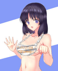 Rule 34 | 1girl, bad id, bad twitter id, black eyes, black hair, bob cut, breasts, chain necklace, english text, engrish text, girls und panzer, gorget, highres, inatomi hibiki, jewelry, looking at viewer, medium breasts, medium hair, nanjou satoshi, navel, necklace, nude, open mouth, ranguage, smile, solo, upper body
