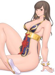 Rule 34 | 1girl, alternate costume, arm support, bare shoulders, bracelet, braid, breasts, brown eyes, brown hair, capcom, chun-li, cleavage, closed mouth, collarbone, commentary request, fingernails, highres, jewelry, large breasts, lips, long hair, looking at viewer, nail polish, no panties, revealing clothes, shigenobu, simple background, sitting, smile, solo, spiked bracelet, spikes, street fighter, thighs, white background
