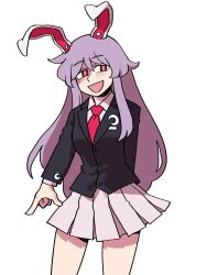 Rule 34 | 1girl, :d, animal ears, black jacket, blazer, collared shirt, commentary, crescent, crescent pin, eddybird55555, english commentary, highres, jacket, long hair, long sleeves, looking at viewer, necktie, open mouth, pink skirt, pleated skirt, purple hair, rabbit ears, rabbit girl, red eyes, red necktie, reisen udongein inaba, ringed eyes, shirt, sidelocks, simple background, skirt, smile, solo, touhou, white background, white shirt