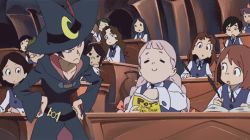 Rule 34 | 10s, 6+girls, angry, animated, animated gif, braid, character request, chips (food), classroom, eating, food, hat, jasminka antonenko, little witch academia, looking at another, multiple girls, plump, screencap, teacher, twin braids, witch, witch hat
