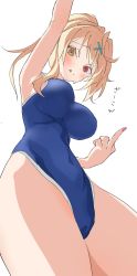 Rule 34 | 1girl, :q, armpits, blonde hair, breasts, from below, h (eitilog), hair ornament, heterochromia, highres, hoshikawa sara, impossible clothes, large breasts, middle finger, nijisanji, one-piece swimsuit, ponytail, red eyes, school swimsuit, simple background, solo, swimsuit, tongue, tongue out, virtual youtuber, white background, x hair ornament, yellow eyes
